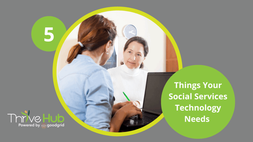 Counselor using a laptop while helping a client with text that says 5 Things Your Social Services Technology Needs