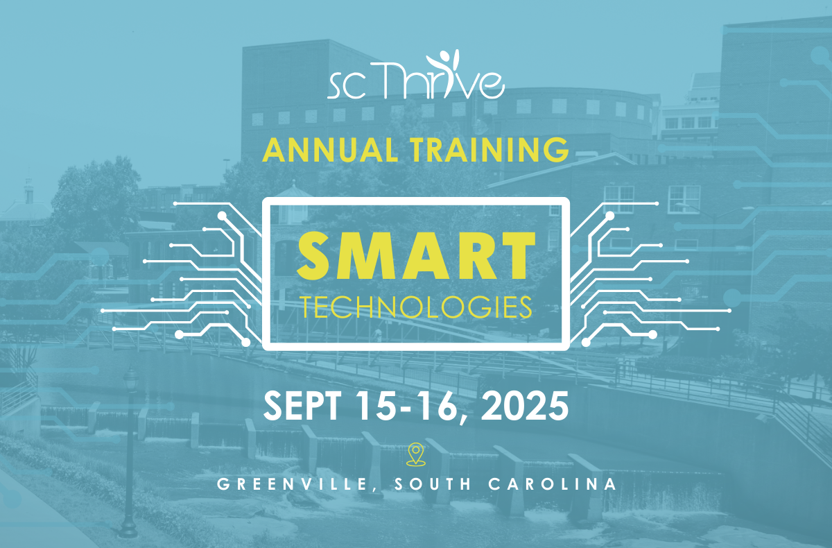 A promotional poster for SC Thrive's Annual Training event on Smart Technologies, taking place on September 15–16, 2025 in Greenville, SC