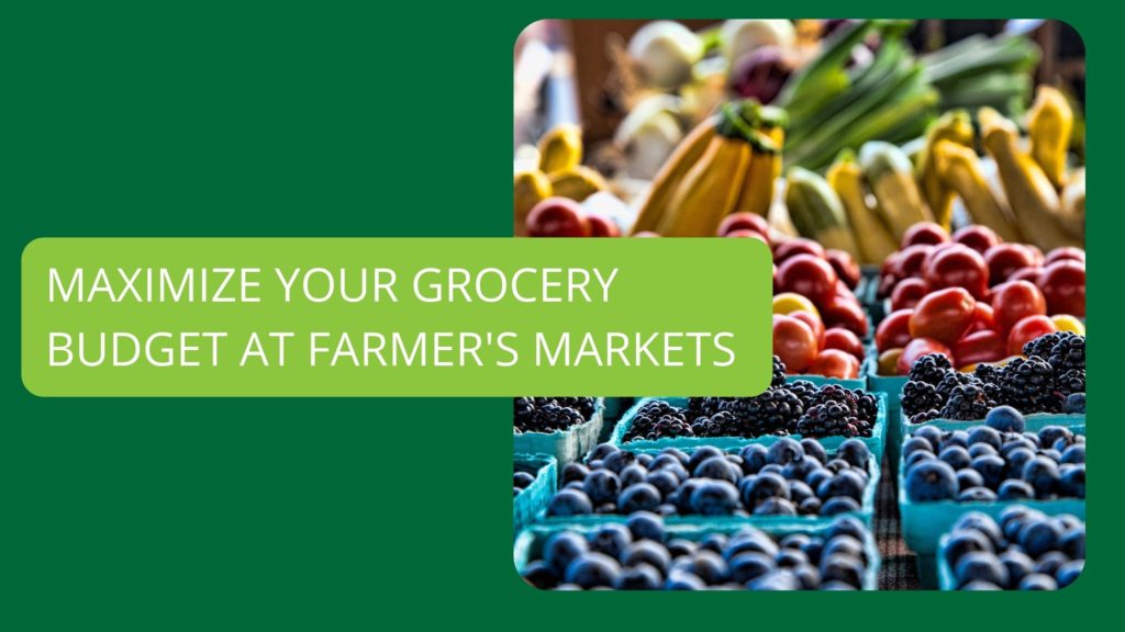 "Maximize Your Grocery Budget at Farmer's Markets" in white letters on a lime green box over a dark green background and a picture of blueberries, blackberries, tomatoes, apples, squash and other produce in blue bins at a vendor.