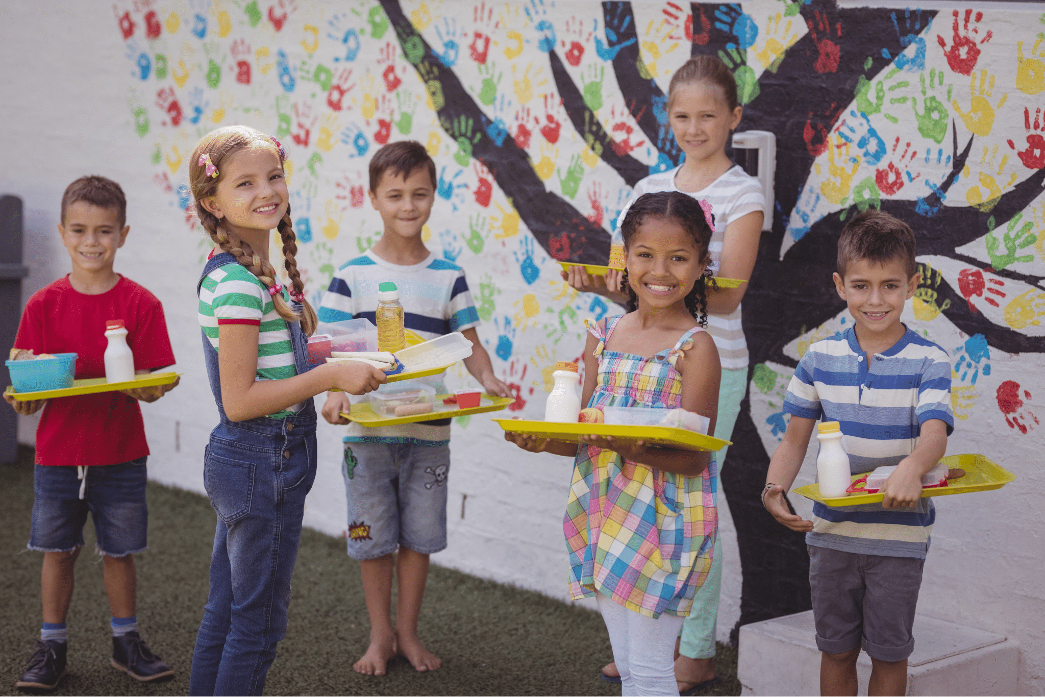 Group of six children holding lunch trays at a school with a whimsical tree with colorful leaves painted on a white brick wall behind them.