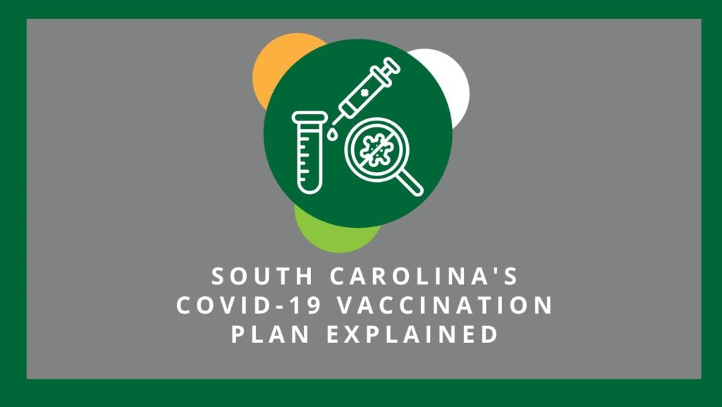 South Carolina's COVID-19 Vaccination Plan Explained with a gray background underneath overlapping orange, lime green, white and dark green circles. On top of the circles are white line icons of a syringe, a test tube, and a magnifying glass looking at a virus with a line through it.